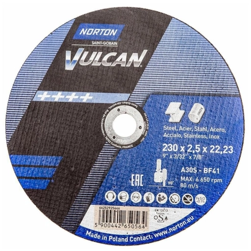 Круг отрезной Norton Vulcan, A 30 S-BF41, мет./нерж., 230x2,5x22 мм (66252925446)